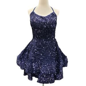 NWT Navy Blue Halter Scoop Neck Sequin Short Dress